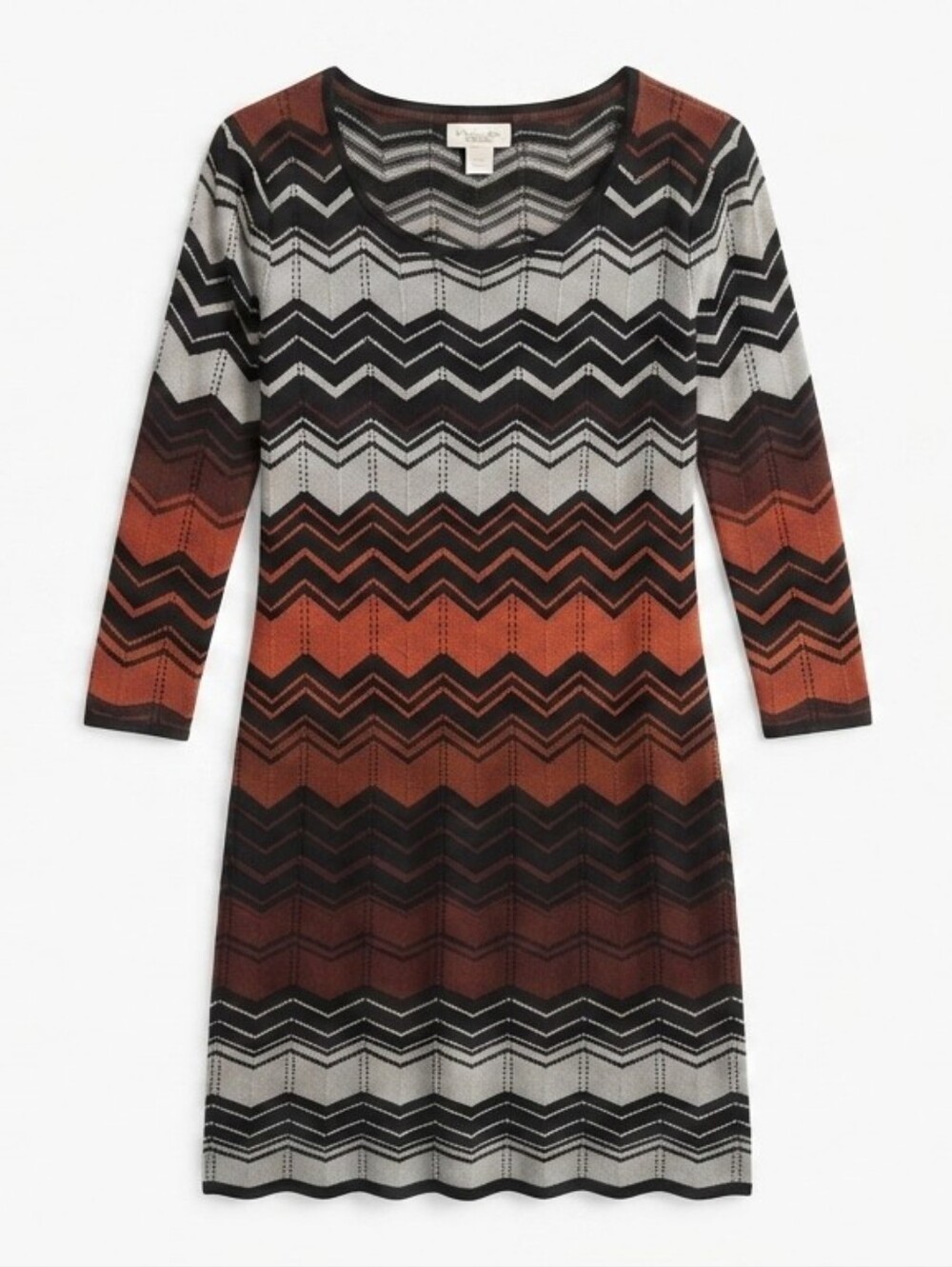 Established 1962 Women's Knit Sweater Dress Medium Black Rust Chevron Long Sleev